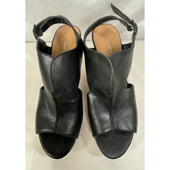 Franco Sarto Black Leather Peep Toe Cork Wedge Sandal Reg Size 6.5 - Picture 3 of 8